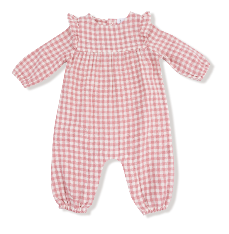 Rose Pink Plaid | Ruffle Sleeve Romper