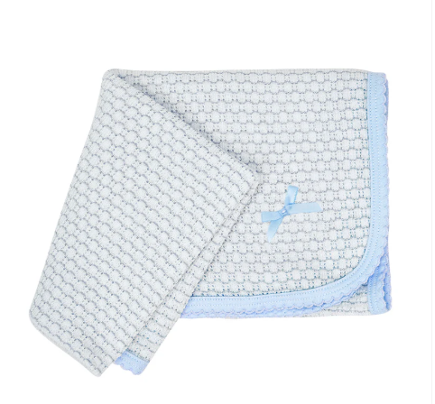 Receiving Blanket | Pinstripe | Pima Trim with Bow | Blue\Gray