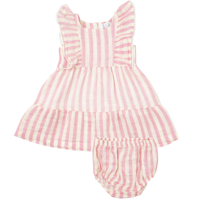 Picot Trim Edge Dress and Diaper Cover | Pink Stripe