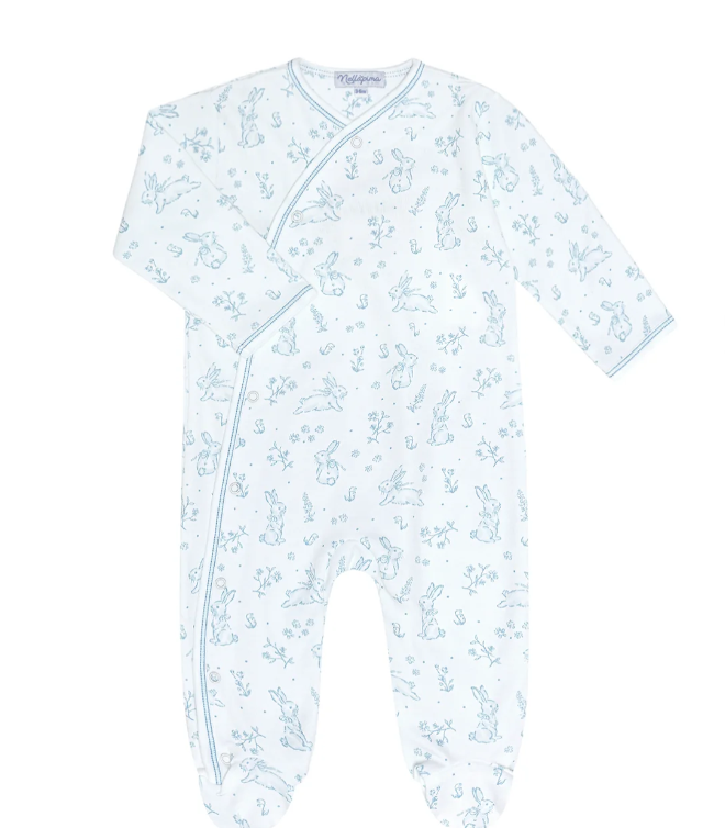 Crossover Footie | Bunny Toile Blue - The Yellow Canary