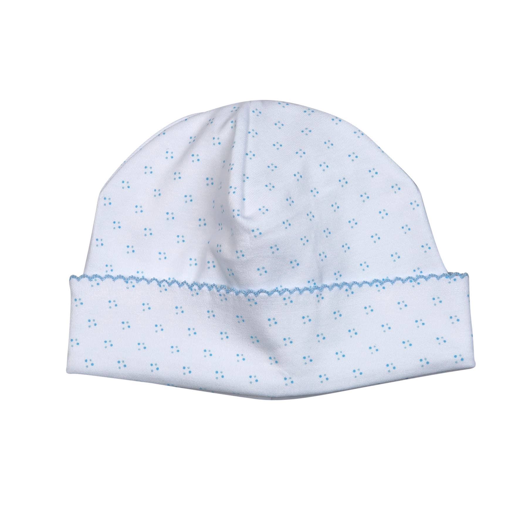 BLUE DOTS PIMA BEANIE  BLUE TRIM - The Yellow Canary